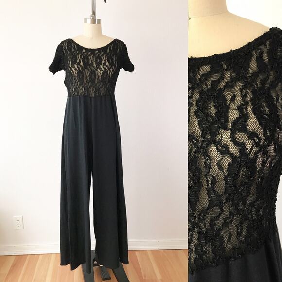 Vintage Pants - SIZE M/L 90s Black Lace Jumpsuit , Sheer Top Wide Leg Jumpsuit, Sexy Lounge